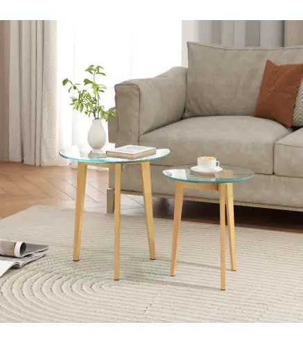 Set de 2 Mesas Auxiliares Modernas de Ø50x45 cm y Ø40x40 cm con Encimera de Vidrio Templado y Estructura de Acero