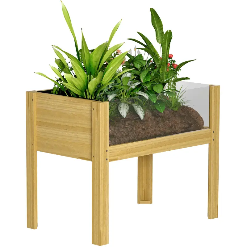 Jardinera Elevada de Madera con Paneles Acrílicos para Flores y Vegetales con Drenaje y Capacidad de 68L 75x46x60,5 cm