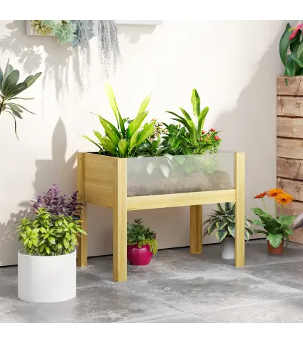 Jardinera Elevada de Madera con Paneles Acrílicos para Flores y Vegetales con Drenaje y Capacidad de 68L 75x46x60,5 cm