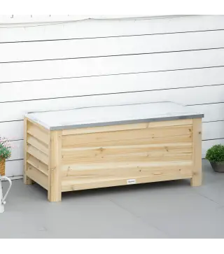 Baúl de Almacenaje Exterior de Madera con Tapa de Metal Galvanizado y Diseño con Listones 110x50x50 cm Madera Natural