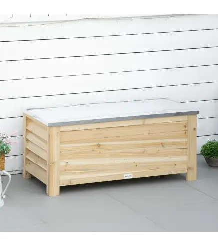 Baúl de Almacenaje Exterior de Madera con Tapa de Metal Galvanizado y Diseño con Listones 110x50x50 cm Madera Natural