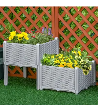 Juego de 2 Jardineras de Exterior Cuadradas Imitación a Mimbre Combinación Libre para Jardín Patio 40x40x26/44 cm Gris
