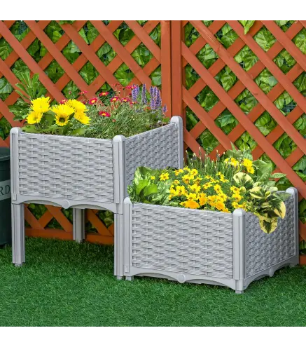 Juego de 2 Jardineras de Exterior Cuadradas Imitación a Mimbre Combinación Libre para Jardín Patio 40x40x26/44 cm Gris