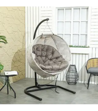 Silla Colgante con Soporte Cesta Plegable de Malla Doble Cojín para Interior y Exterior Carga 120 kg Arena y Negro