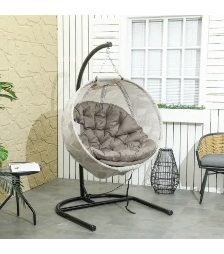 Silla Colgante con Soporte Cesta Plegable de Malla Doble Cojín para Interior y Exterior Carga 120 kg Arena y Negro