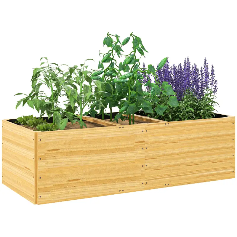 Jardinera de Madera con 3 Zonas de Cultivo y Forro Ideal para Verduras Hierbas y Flores 140x60x40cm Natural