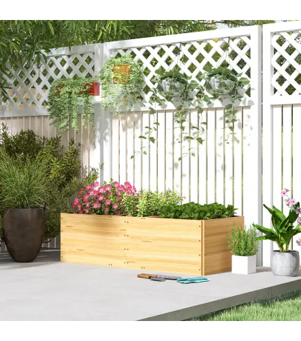 Jardinera de Madera con 3 Zonas de Cultivo y Forro Ideal para Verduras Hierbas y Flores 140x60x40cm Natural