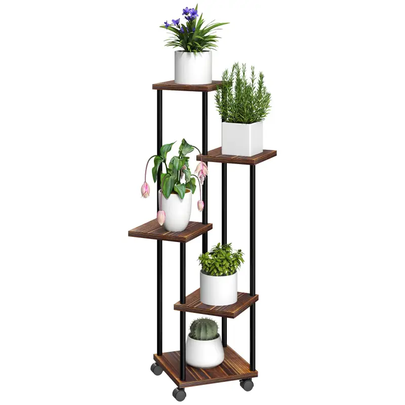 Soporte para Plantas de Madera y Acero de 3 Niveles con 5 Estantes Cuadradas y 4 Ruedas 59x59x110 cm Carbonizado