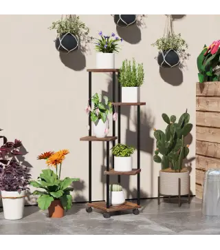 Soporte para Plantas de Madera y Acero de 3 Niveles con 5 Estantes Cuadradas y 4 Ruedas 59x59x110 cm Carbonizado