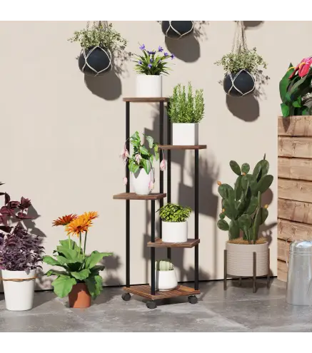 Soporte para Plantas de Madera y Acero de 3 Niveles con 5 Estantes Cuadradas y 4 Ruedas 59x59x110 cm Carbonizado