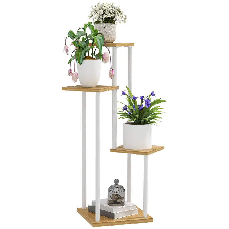 Soporte para Plantas de Madera y Acero de 4 Niveles con 4 Estantes Cuadrados 53x42x85 cm Natural y Blanco