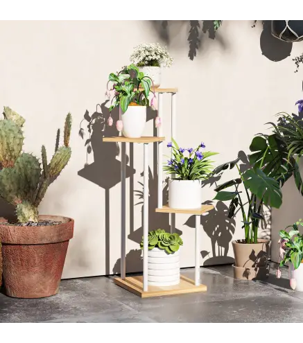 Soporte para Plantas de Madera y Acero de 4 Niveles con 4 Estantes Cuadrados 53x42x85 cm Natural y Blanco