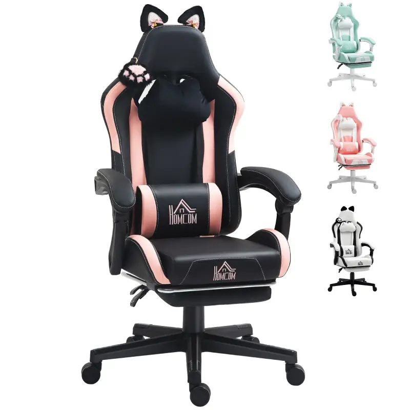 Silla Gamer Reclinable con Altura Ajustable Reposapiés Retráctil Soporte Lumbar y Reposacabezas Desmontable Negro