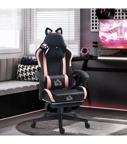 Silla Gamer Reclinable con Altura Ajustable Reposapiés Retráctil Soporte Lumbar y Reposacabezas Desmontable Negro