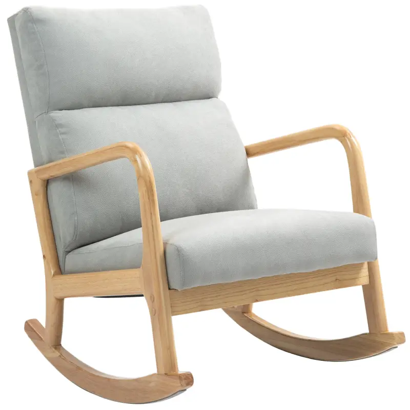 Mecedora Tapizada en Lino Silla Mecedora con Patas de Madera de Caucho y Reposabrazos Carga 150 kg Gris