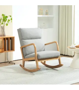 Mecedora Tapizada en Lino Silla Mecedora con Patas de Madera de Caucho y Reposabrazos Carga 150 kg Gris