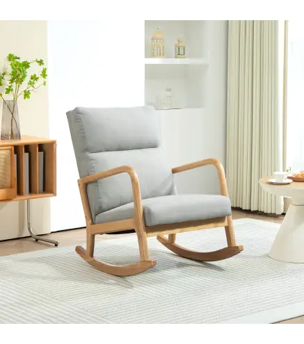 Mecedora Tapizada en Lino Silla Mecedora con Patas de Madera de Caucho y Reposabrazos Carga 150 kg Gris