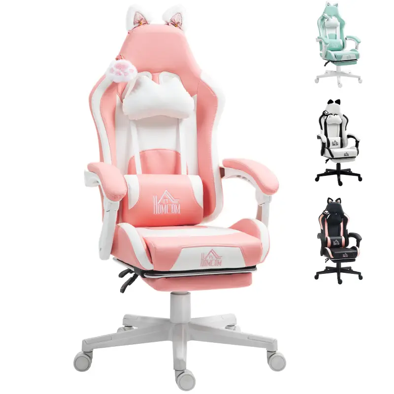 Silla Gamer Reclinable con Altura Ajustable Reposapiés Retráctil Soporte Lumbar y Reposacabezas Desmontable Rosa
