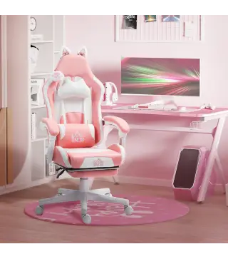 Silla Gamer Reclinable con Altura Ajustable Reposapiés Retráctil Soporte Lumbar y Reposacabezas Desmontable Rosa