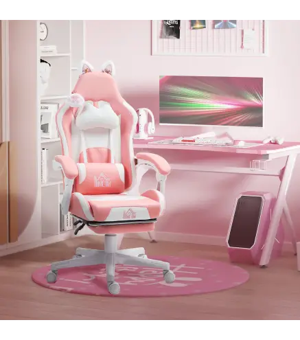 Silla Gamer Reclinable con Altura Ajustable Reposapiés Retráctil Soporte Lumbar y Reposacabezas Desmontable Rosa