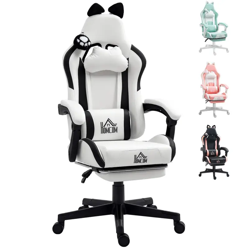 Silla Gamer Reclinable con Altura Ajustable Reposapiés Retráctil Soporte Lumbar y Reposacabezas Desmontable Blanco