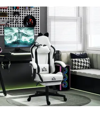 Silla Gamer Reclinable con Altura Ajustable Reposapiés Retráctil Soporte Lumbar y Reposacabezas Desmontable Blanco