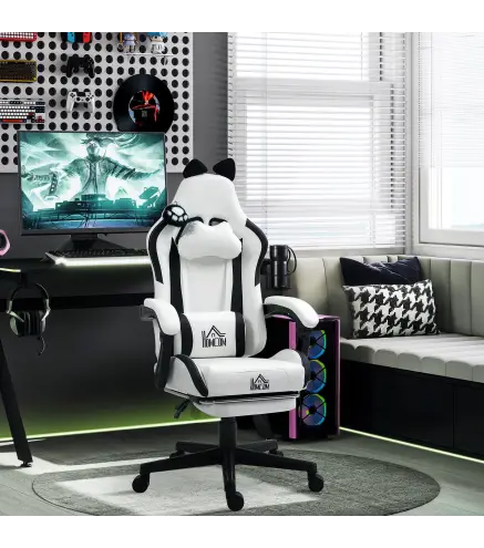 Silla Gamer Reclinable con Altura Ajustable Reposapiés Retráctil Soporte Lumbar y Reposacabezas Desmontable Blanco