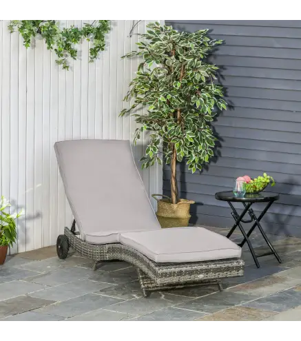 Tumbona de Jardín en Forma de S con 2 Ruedas Respaldo Ajustable en 5 Posiciones y Cojín Extraíble 207x70x70 cm Gris