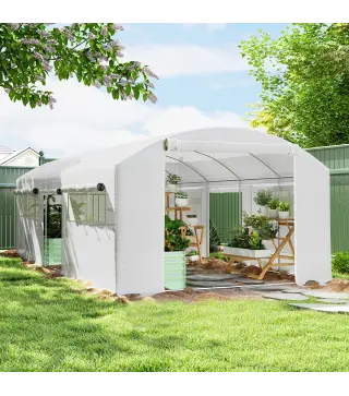Invernadero de Túnel 6x3x2 m con 6 Ventanas de Malla Cubierta de PE Anti-UV y 3 Puertas Enrollables Blanco