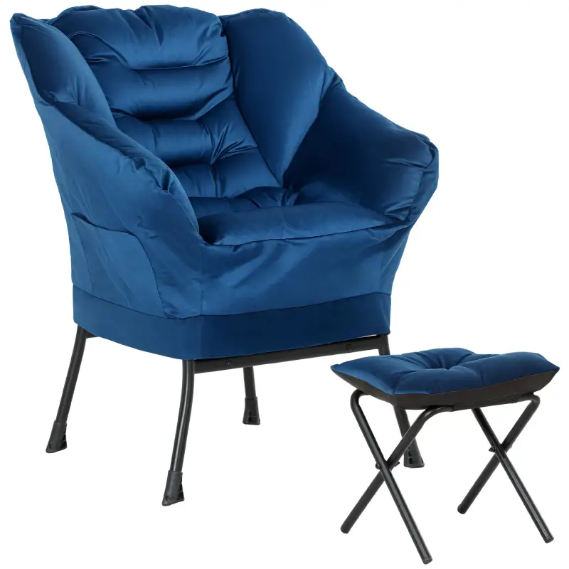 Sillón de Salón con Otomana Sillón de Relax con Bolsillos Laterales y Patas de Acero para Sala de Estar Dormitorio Azul Sillón de Salón con Otomana Sillón de Relax con Bolsillos Laterales y Patas de Acero para Sala de Estar Dormitorio Azul