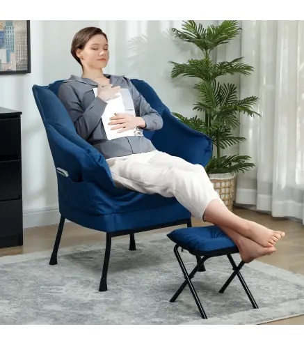 Sillón de Salón con Otomana Sillón de Relax con Bolsillos Laterales y Patas de Acero para Sala de Estar Dormitorio Azul