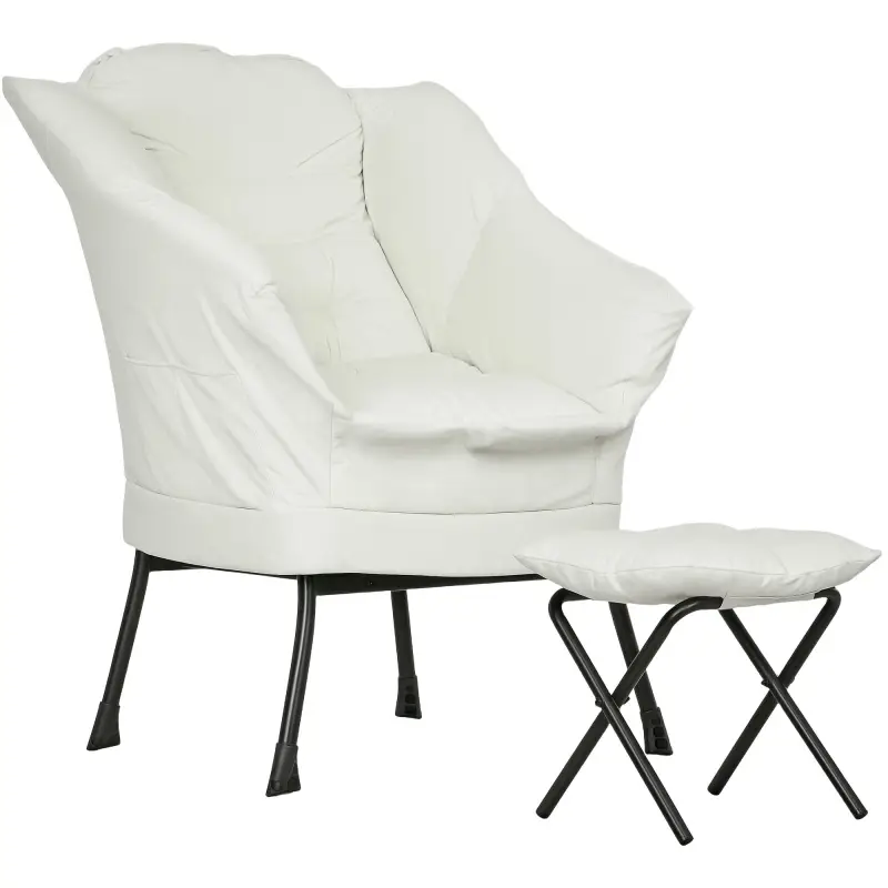 Sillón de Salón con Otomana Sillón de Relax con Bolsillos Laterales y Patas de Acero para Sala de Estar Dormitorio Crema
