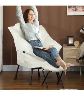 Sillón de Salón con Otomana Sillón de Relax con Bolsillos Laterales y Patas de Acero para Sala de Estar Dormitorio Crema