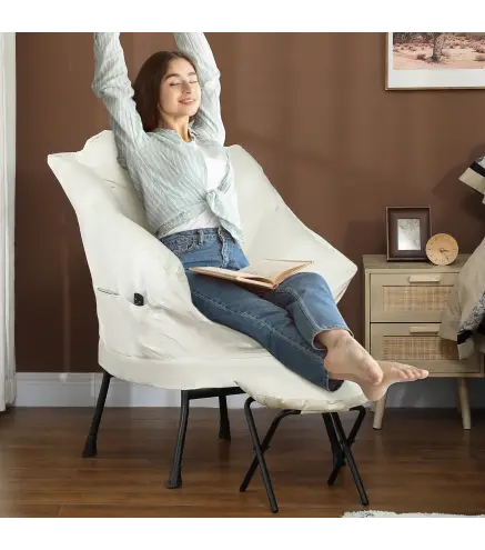 Sillón de Salón con Otomana Sillón de Relax con Bolsillos Laterales y Patas de Acero para Sala de Estar Dormitorio Crema