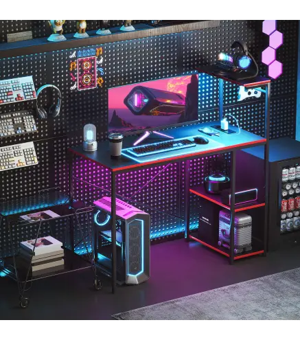 Escritorio Gaming de Fibra de Carbono con Luces LED 110x50 cm Tomas de Corriente Estantes y Control Remoto Negro