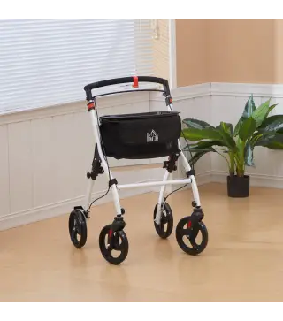 Andador para Personas Mayores Plegable de Aluminio con 4 Ruedas Bandeja Altura Ajustable Frenos de Maneta Blanco