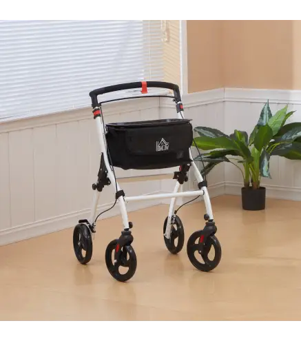 Andador para Personas Mayores Plegable de Aluminio con 4 Ruedas Bandeja Altura Ajustable Frenos de Maneta Blanco