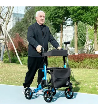 Andador para Ancianos Plegable de Aluminio con Asiento 4 Ruedas Altura Ajustable Frenos de Maneta Azul y Negro