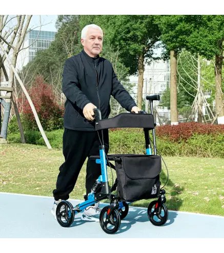 Andador para Ancianos Plegable de Aluminio con Asiento 4 Ruedas Altura Ajustable Frenos de Maneta Azul y Negro