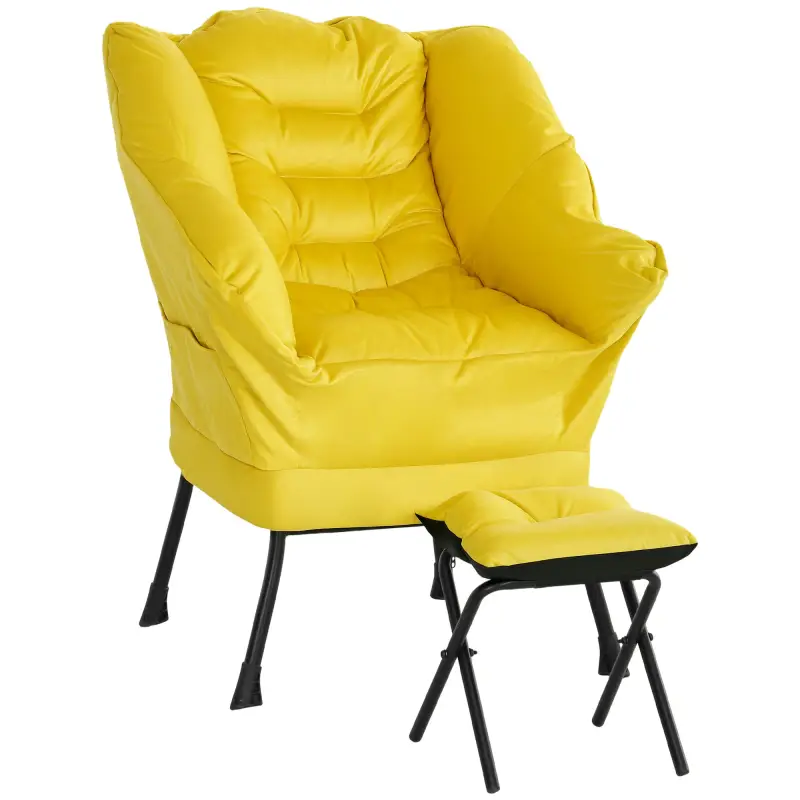 Sillón de Salón con Otomana Sillón de Relax con Bolsillos Laterales y Patas de Acero para Sala de Estar Dormitorio Amarillo Sillón de Salón con Otomana Sillón de Relax con Bolsillos Laterales y Patas de Acero para Sala de Estar Dormitorio Amarillo