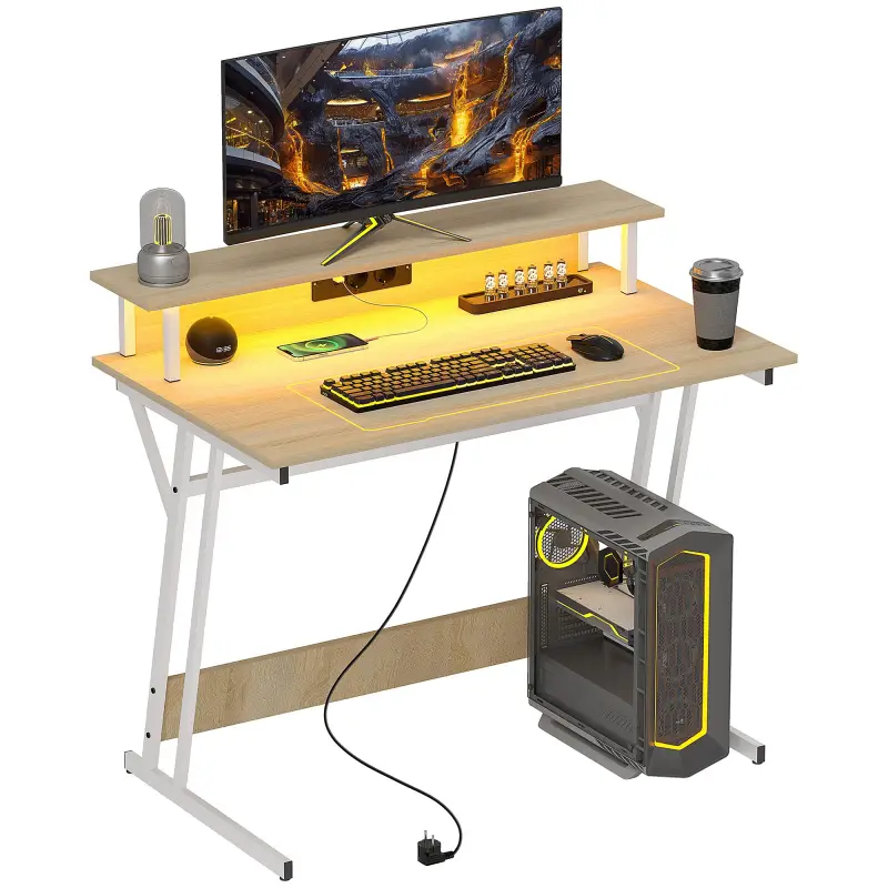 Escritorio Gaming con Luces LED 100x60 cm omas de Corriente Soporte para Monitor Estantes y Control Remoto Natural