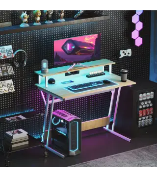 Escritorio Gaming con Luces LED 100x60 cm omas de Corriente Soporte para Monitor Estantes y Control Remoto Natural
