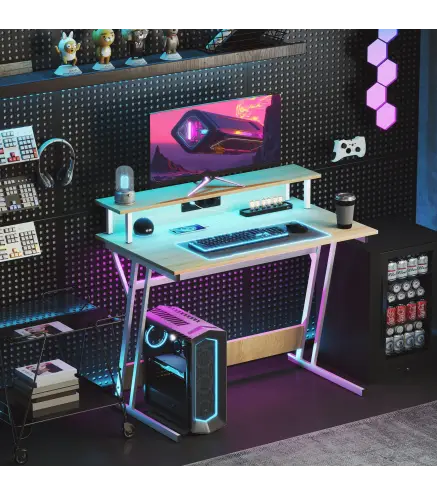 Escritorio Gaming con Luces LED 100x60 cm omas de Corriente Soporte para Monitor Estantes y Control Remoto Natural