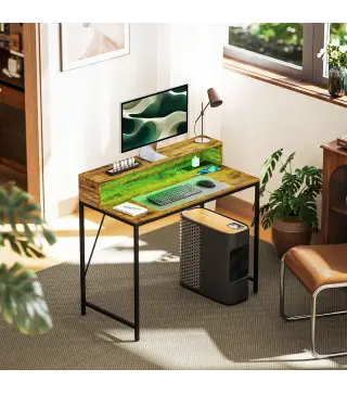 Mesa de Escritorio con Luces LED Tomas de Corriente Soporte para Monitor y Control Remoto 100x50x90,5 cm Marrón Rústico