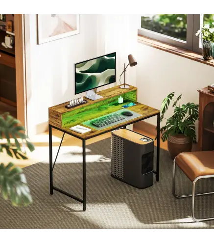 Mesa de Escritorio con Luces LED Tomas de Corriente Soporte para Monitor y Control Remoto 100x50x90,5 cm Marrón Rústico