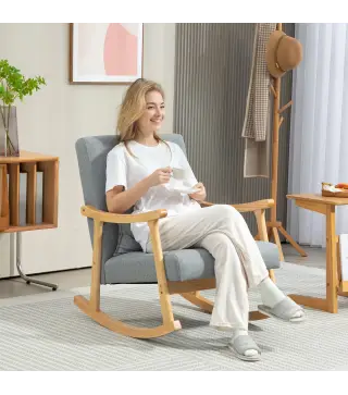 Silla Mecedora con Cojín Lumbar Respaldo Amplio y Base de Madera para Salón o Dormitorio 65x87x84 cm Gris Claro