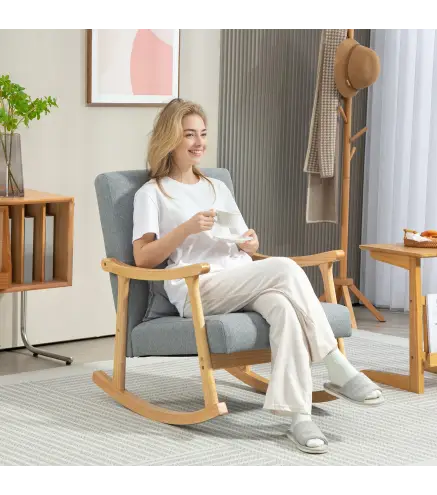 Silla Mecedora con Cojín Lumbar Respaldo Amplio y Base de Madera para Salón o Dormitorio 65x87x84 cm Gris Claro