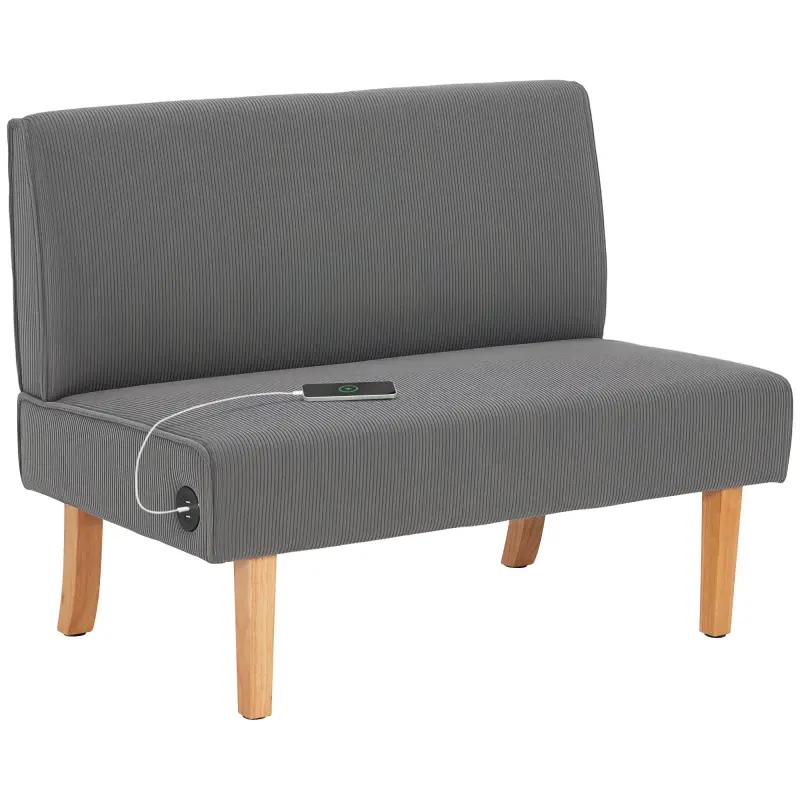 Sofá de 2 Plazas Tapizado en Pana con 2 Puertos USB 1 Puerto Tipo-C y Patas de Madera Carga 220 kg 110x60x85 cm Gris