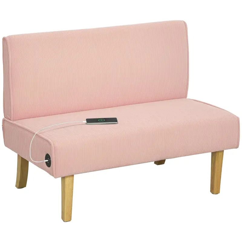 Sofá de 2 Plazas Tapizado en Pana con 2 Puertos USB 1 Puerto Tipo-C y Patas de Madera Carga 240 kg 110x60x85 cm Rosa