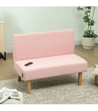 Sofá de 2 Plazas Tapizado en Pana con 2 Puertos USB 1 Puerto Tipo-C y Patas de Madera Carga 240 kg 110x60x85 cm Rosa